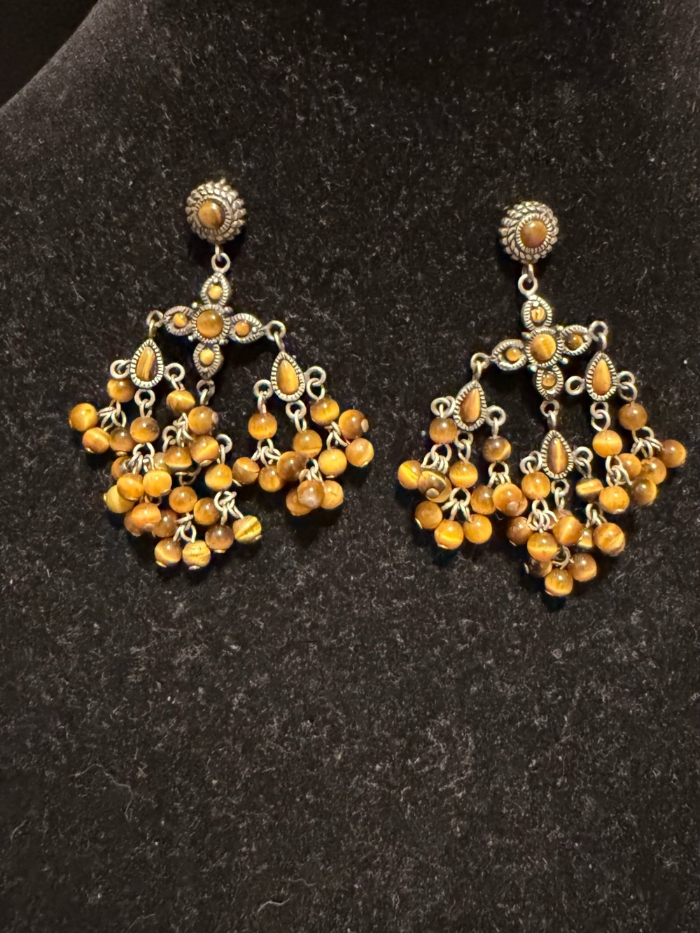 Vintage Mexico 925 Sterling Silver Tiger’s Eye Chandelier Dangle Earrings 3”